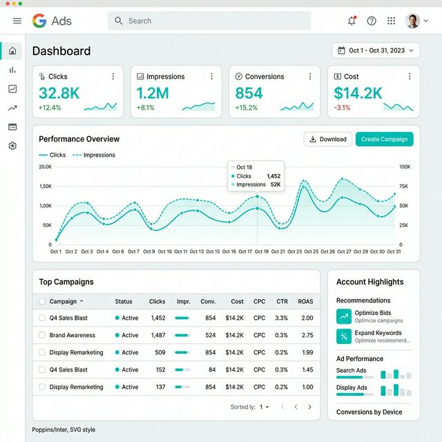 Interfaz métrica y panel de Google Ads mostrando resultados